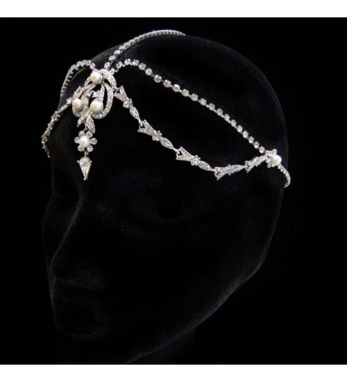 White Pearl and Rhinestone Forehead Drop Headpiece