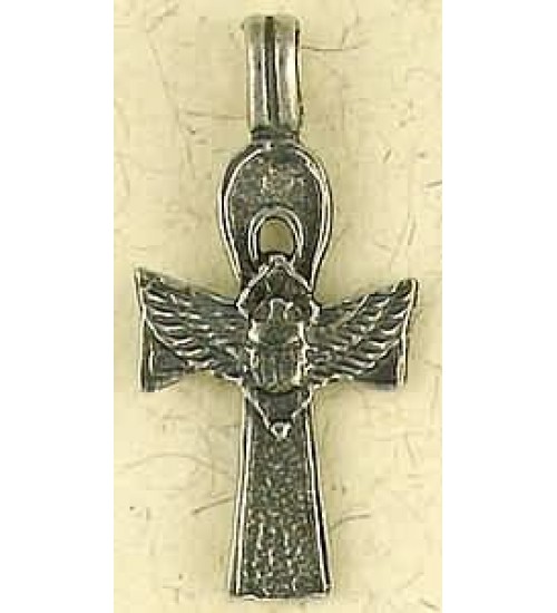 Ankh with Winged Scarab Pewter Necklace