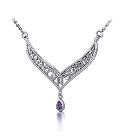 12 Zodiac Symbols Silver Necklace with Teardrop Amethyst Birthstone