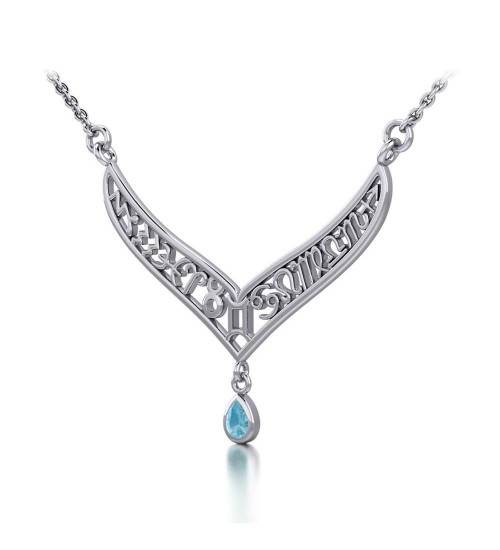 12 Zodiac Symbols Silver Necklace with Teardrop Aquamarine Birthstone