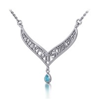 12 Zodiac Symbols Silver Necklace with Teardrop Blue Topaz Birthstone