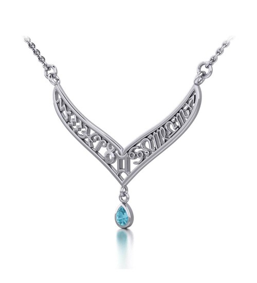 12 Zodiac Symbols Silver Necklace with Teardrop Blue Topaz Birthstone