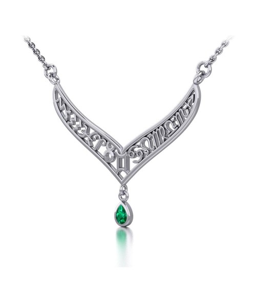 12 Zodiac Symbols Silver Necklace with Teardrop Emerald Birthstone