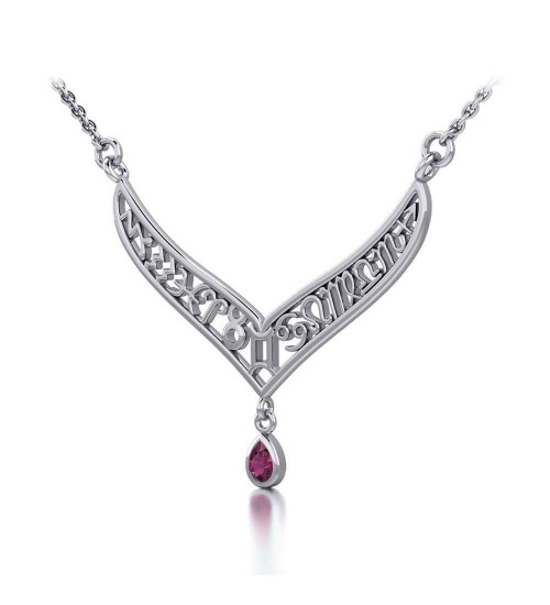 12 Zodiac Symbols Silver Necklace with Teardrop Ruby Birthstone