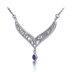 12 Zodiac Symbols Silver Necklace with Teardrop Sapphire Birthstone