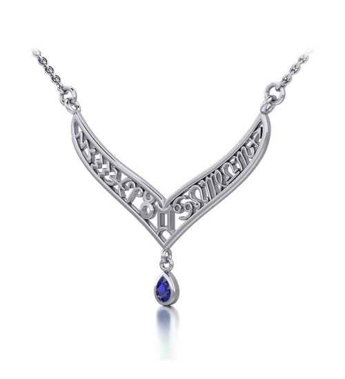 12 Zodiac Symbols Silver Necklace with Teardrop Sapphire Birthstone