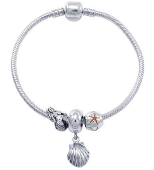 Shell and Mermaid Sterling Silver Bead Bracelet