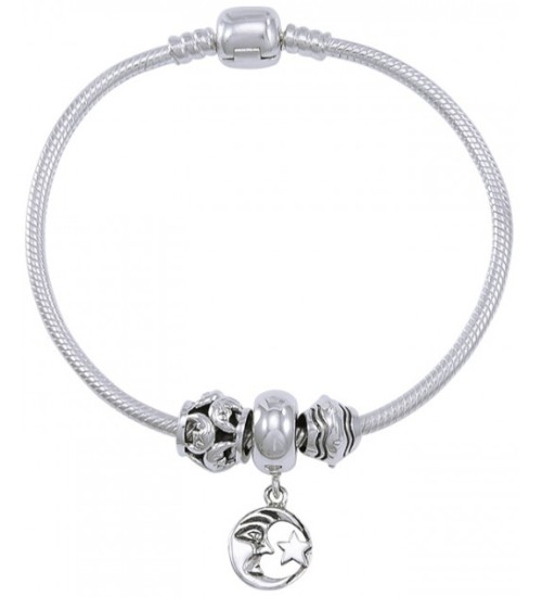 Moon and Stars Sterling Silver Bead Bracelet