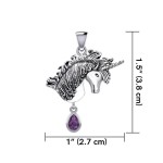 Unicorn Silver Pendant with Dangling Amethyst Gemstone