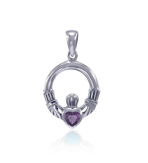 Celtic Claddagh Amethyst Birthstone Sterling Silver Pendant