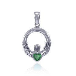Celtic Claddagh Emerald Birthstone Sterling Silver Pendant