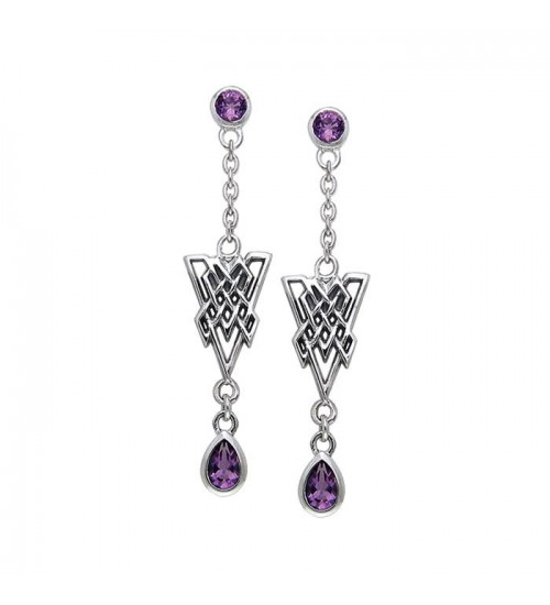 Celtic Knot Triangle Earrings with Amethyst Gemstones