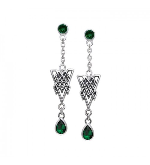 Celtic Knot Triangle Earrings with Emerald Gemstones