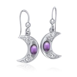 Celtic Knotwork Crescent Moon Hook Earrings with Amethyst