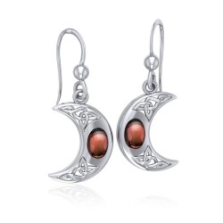 Celtic Knotwork Crescent Moon Hook Earrings with Garnet