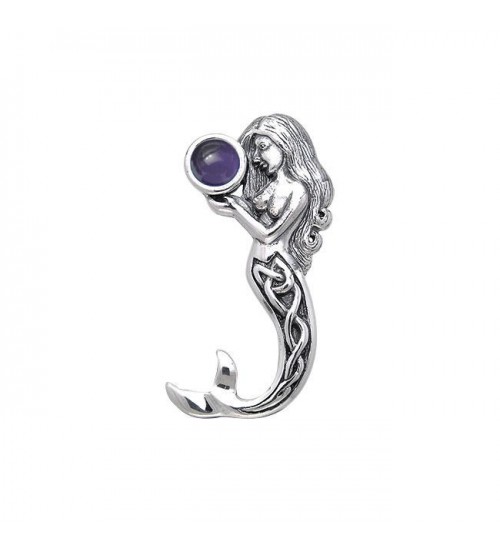 Celtic Mermaid Silver Pendant with Amethyst Gemstone