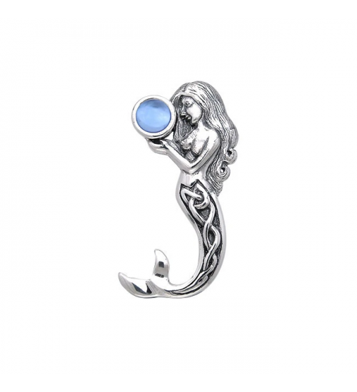 Celtic Mermaid Silver Pendant with Blue Topaz Gemstone