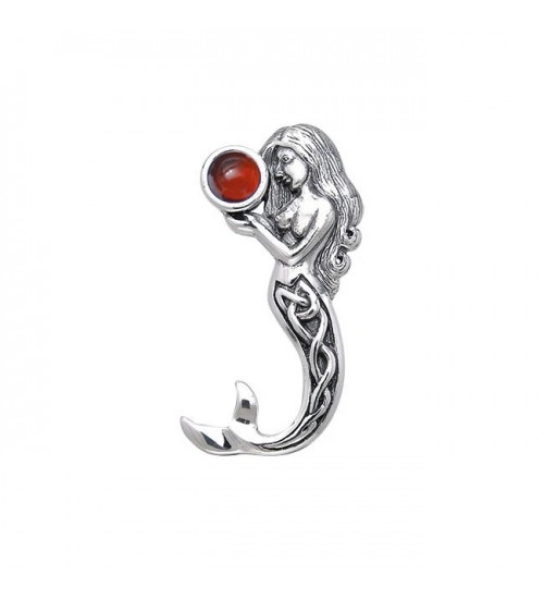 Celtic Mermaid Silver Pendant with Garnet Gemstone