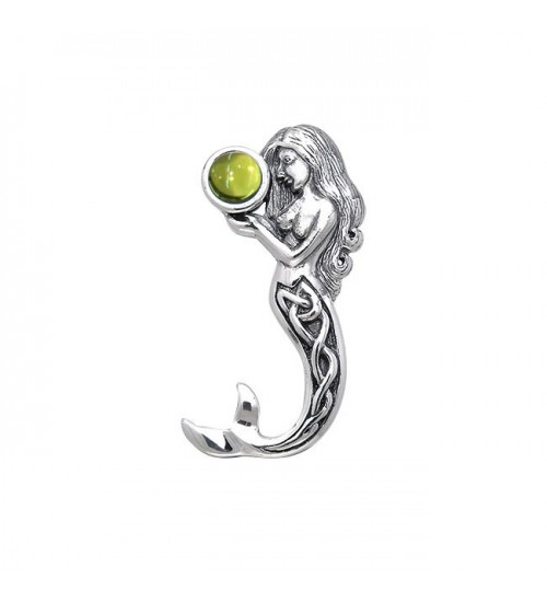 Celtic Mermaid Silver Pendant with Peridot Gemstone