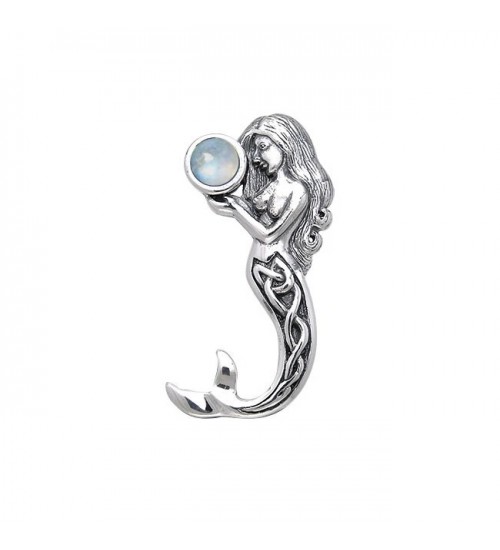 Celtic Mermaid Silver Pendant with Rainbow Moonstone Gemstone