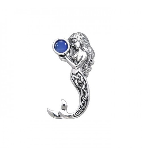 Celtic Mermaid Silver Pendant with Sapphire Gemstone