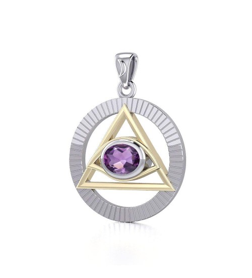 Eye of The Pyramid Silver and Gold Pendant with Amethyst Gem
