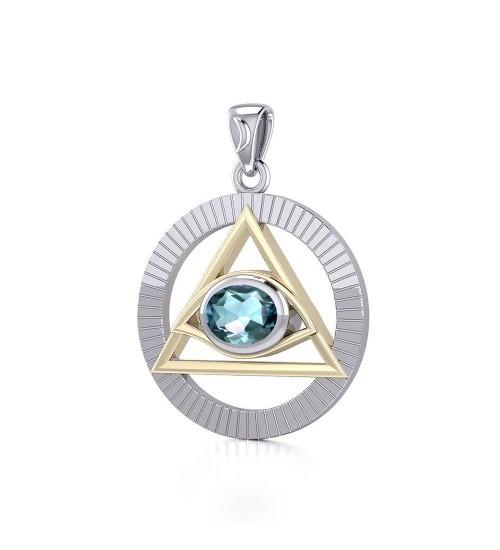 Eye of The Pyramid Silver and Gold Pendant with Blue Topaz Gem