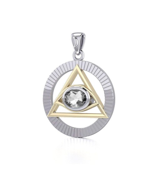 Eye of The Pyramid Silver and Gold Pendant with White Cubic Zirconia Gem