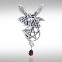 Fairy with Pentagram Silver Pendant & Garnet Gem