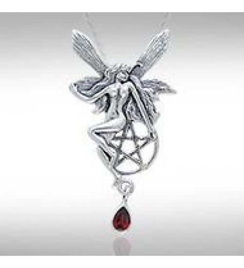 Fairy with Pentagram Silver Pendant & Garnet Gem