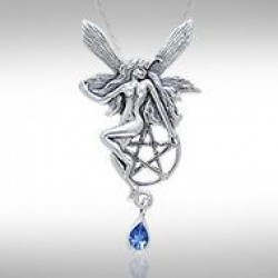 Fairy with Pentagram Silver Pendant & Sapphire Gem