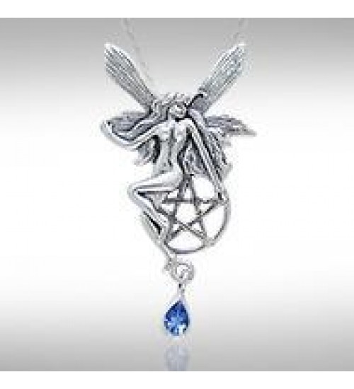 Fairy with Pentagram Silver Pendant & Sapphire Gem