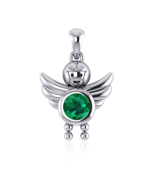 Little Angel Boy Emerald Birthstone Pendant