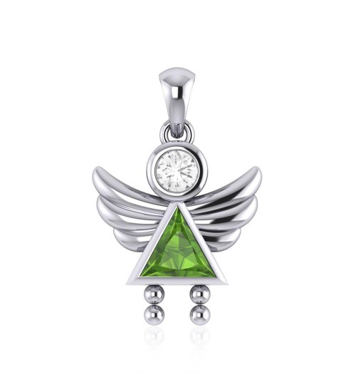 Little Angel Girl Silver Pendant with Peridot Birthstone
