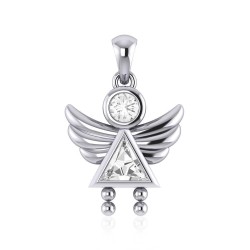 Little Angel Girl Silver Pendant with White Cubic Zirconia Birthstone