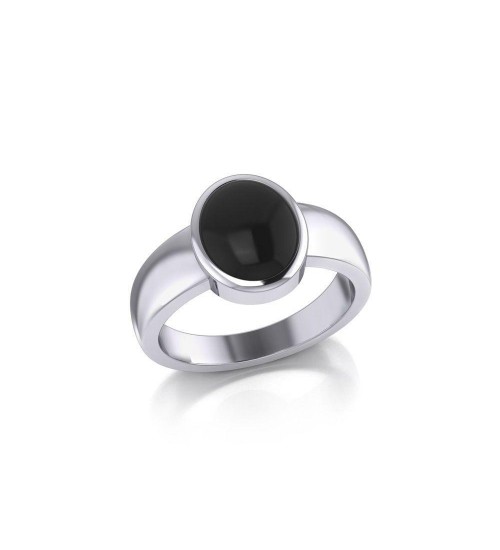 Modern Round Shape Inlaid Black Onyx Silver Ring