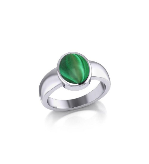 Modern Round Shape Inlaid Malachite Silver Ring