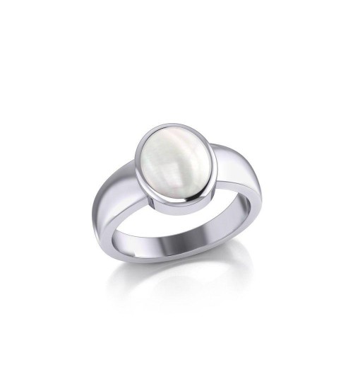 Modern Round Shape Inlaid Mother of Pearl Silver Ring