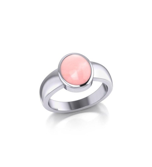 Modern Round Shape Inlaid Pink Shell Silver Ring