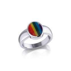 Modern Round Shape Inlaid Rainbow Silver Ring