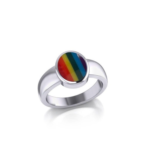 Modern Round Shape Inlaid Rainbow Silver Ring