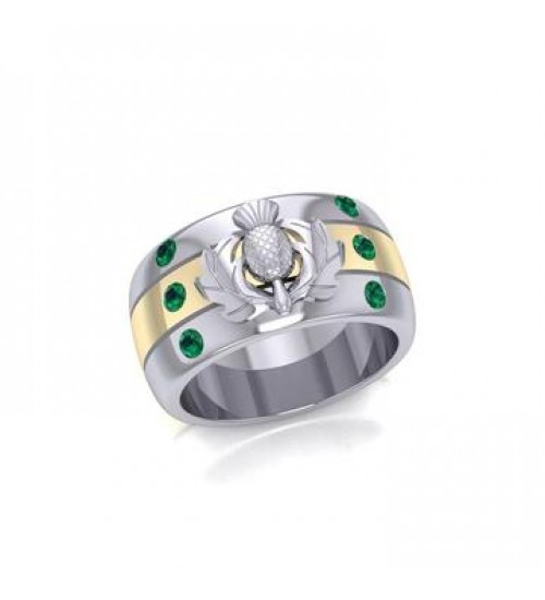 Scottish Thistle Ring with 18k Gold Accent and Emeralds