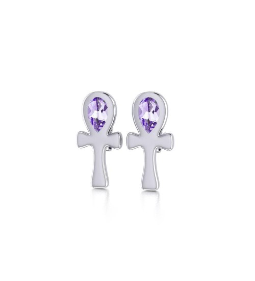 Silver Ankh Post Earrings with Amethyst Gemstones