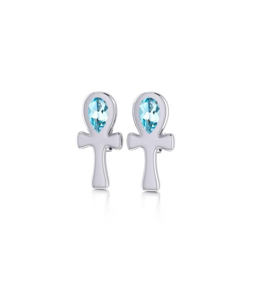 Silver Ankh Post Earrings with Blue Topaz Gemstones