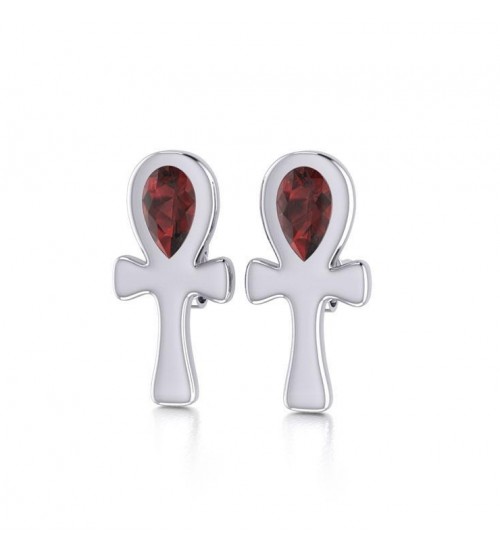 Silver Ankh Post Earrings with Garnet Gemstones