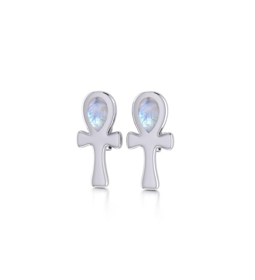 Silver Ankh Post Earrings with Rainbow Moonstone Gemstones