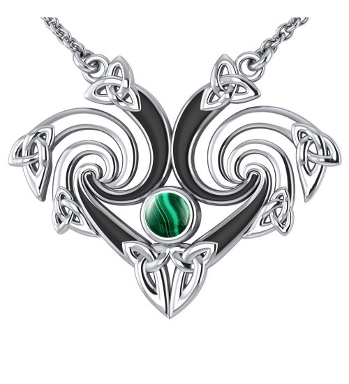 Silver Triquetra Necklace with Malachite Gemstone