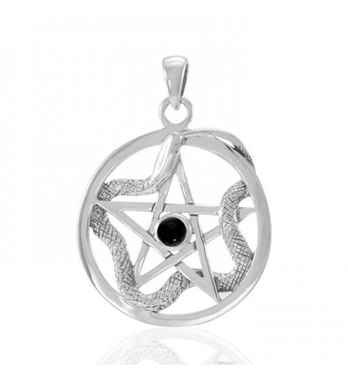 Star and Weaving Snake Silver Pendant with Black Onyx