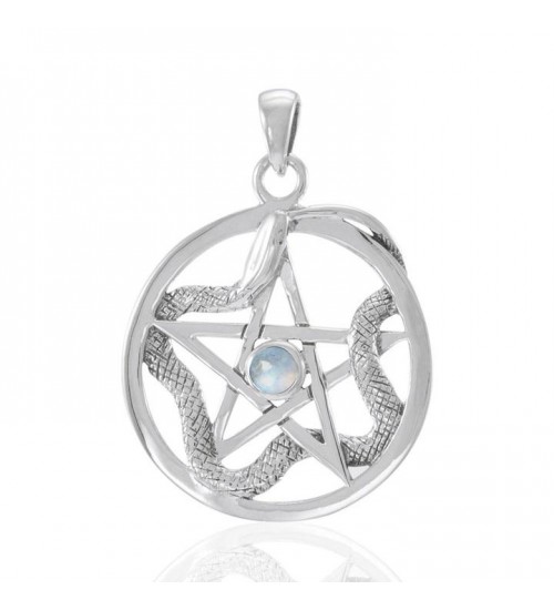 Star and Weaving Snake Silver Pendant with Rainbow Moonstone