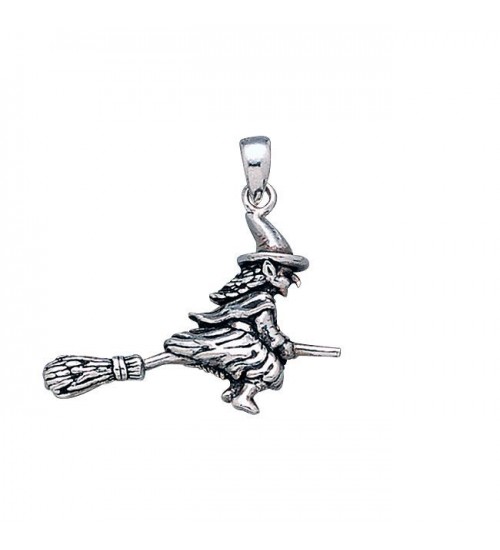 Sterling Silver Witch on Broomstick Pendant